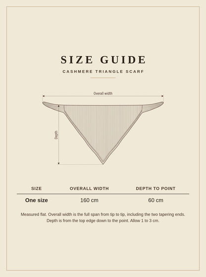 Size guide for the cashmere triangle scarf, overall width 160 cm and depth 60 cm