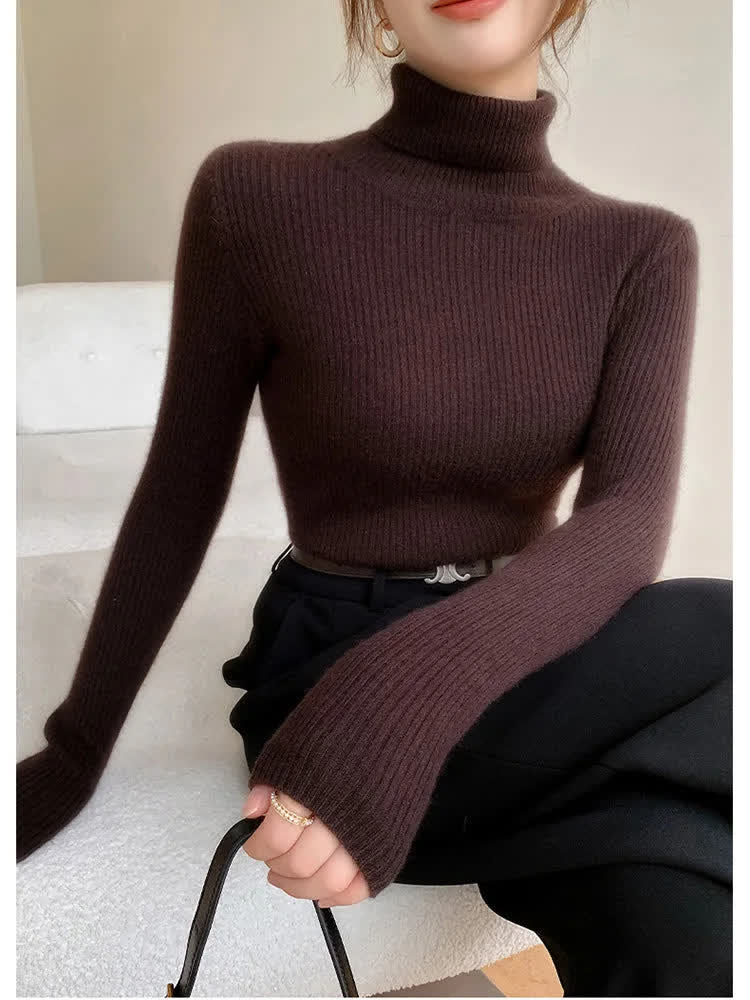 Woman wearing the espresso cashmere turtleneck jumper
