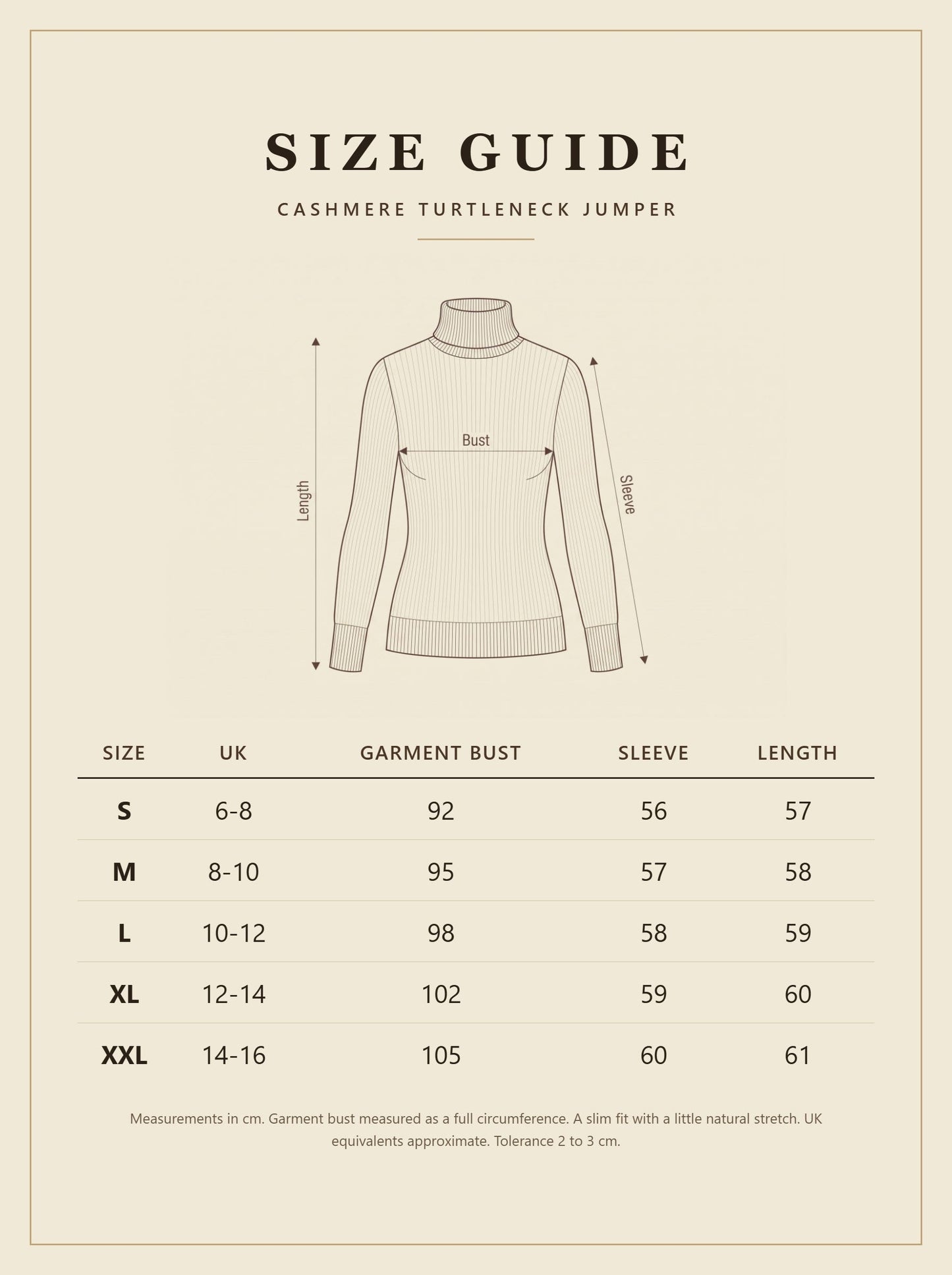 Size guide for the womens cashmere turtleneck jumper with measurements in cm