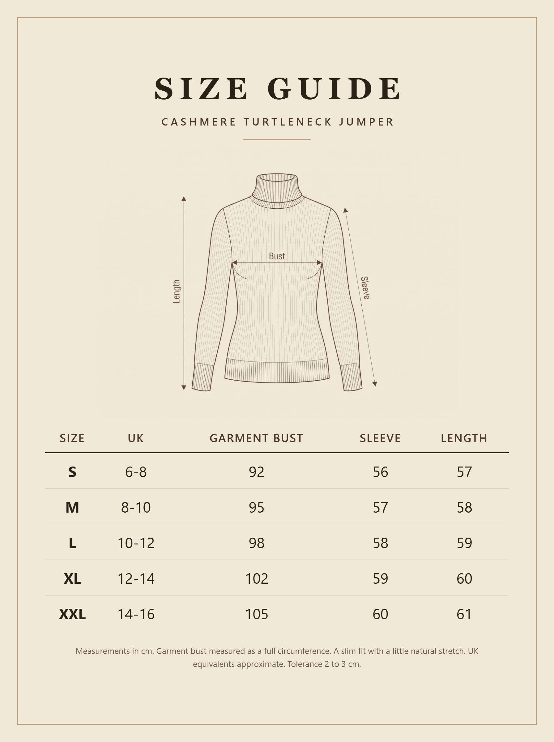 Size guide for the womens cashmere turtleneck jumper with measurements in cm