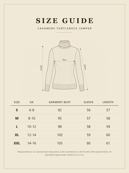 Size guide for the womens cashmere turtleneck jumper with measurements in cm