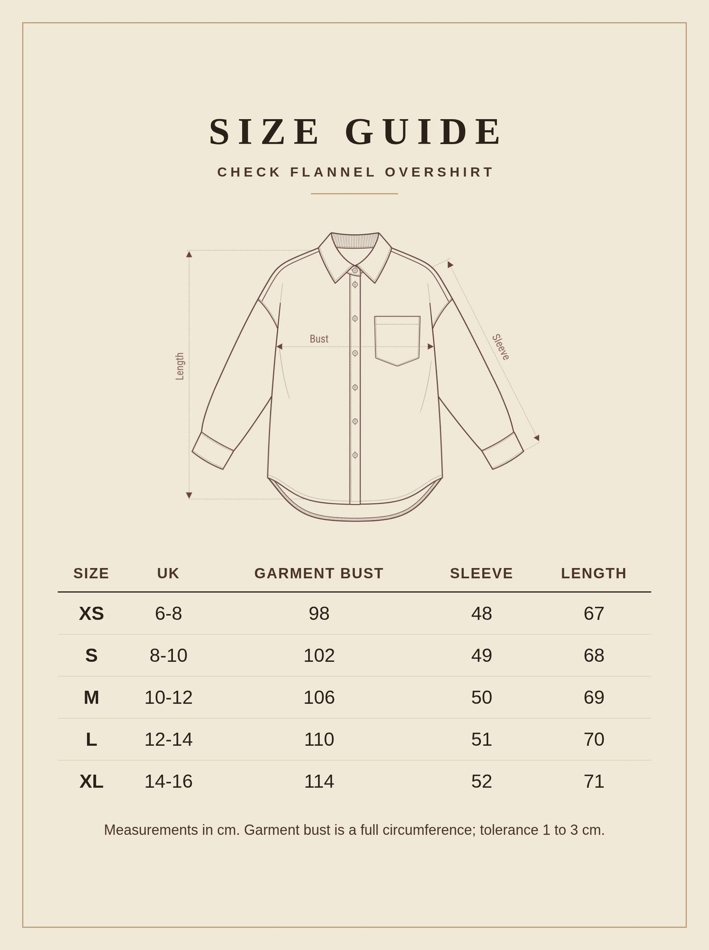 Check flannel overshirt size guide with measurements