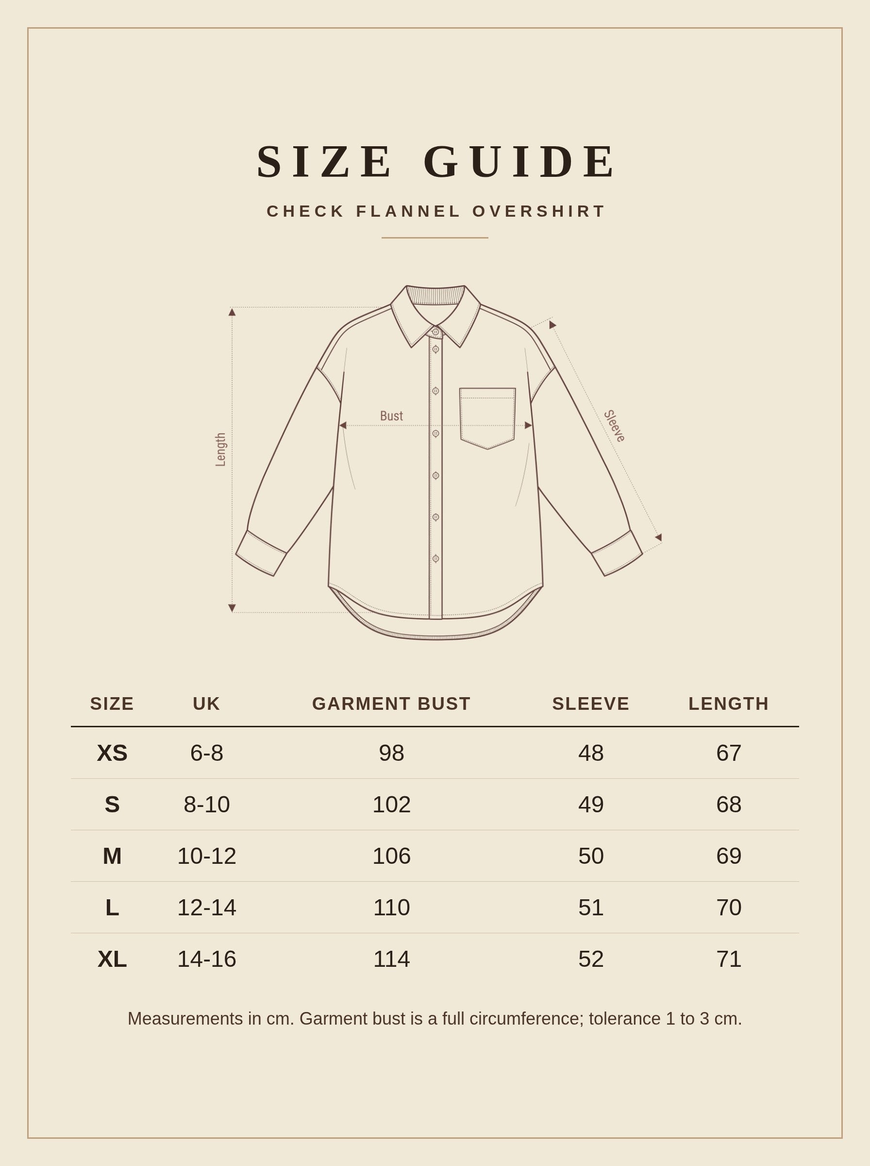 Check flannel overshirt size guide with measurements