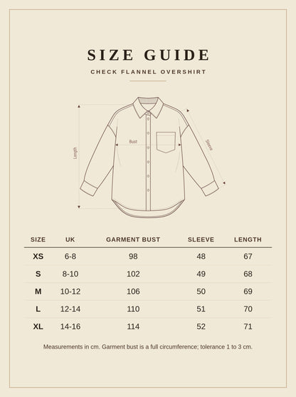 Check flannel overshirt size guide with measurements