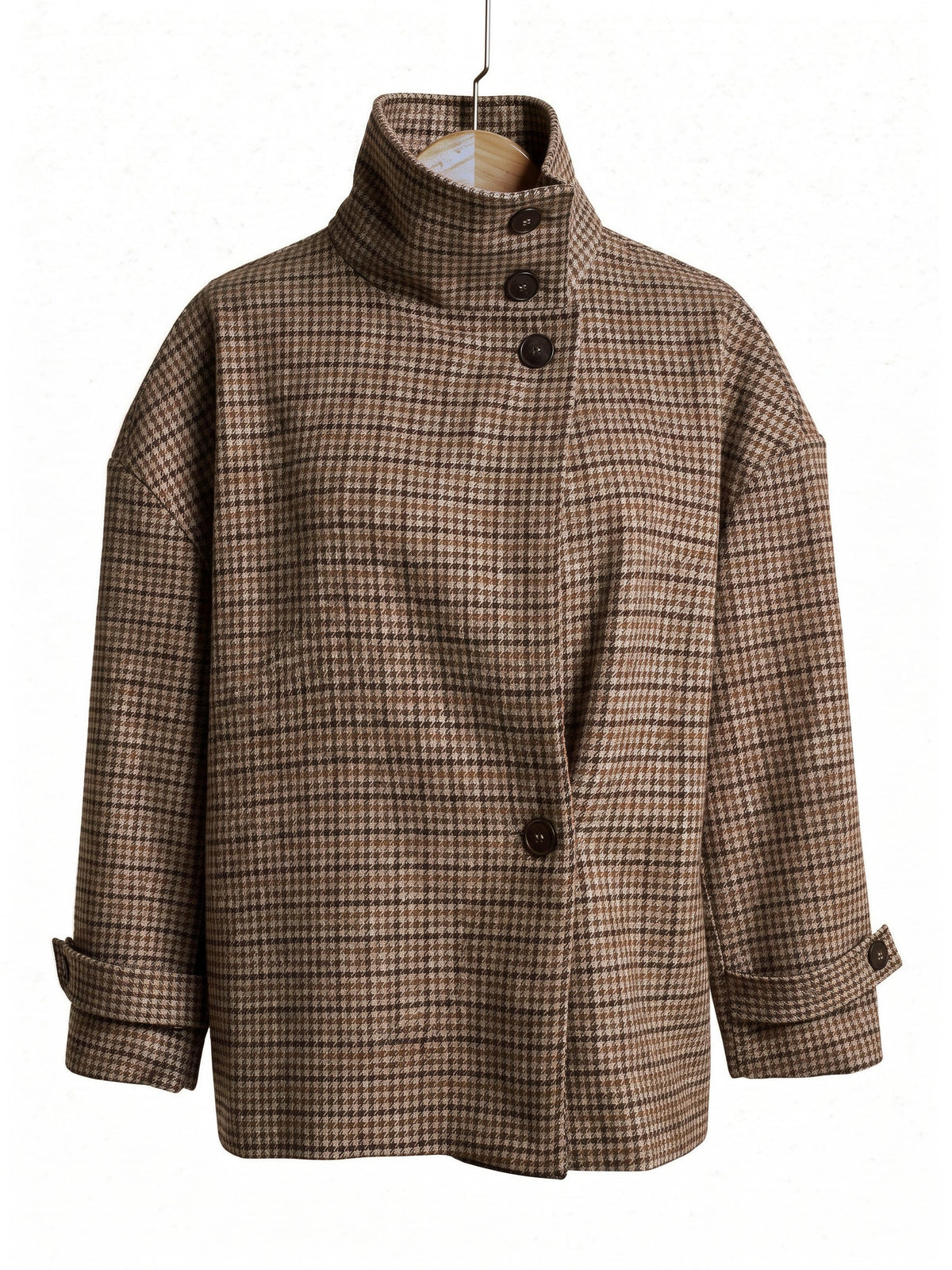 Check jacket in Russet houndstooth on a hanger, showing the tall funnel collar and the off centre row of four buttons