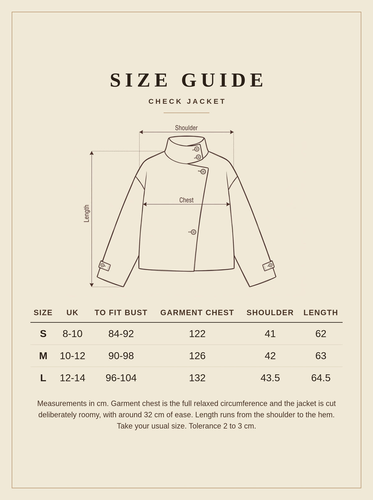 Size guide for the Burford check jacket, sizes S to L with UK sizes and garment measurements in cm