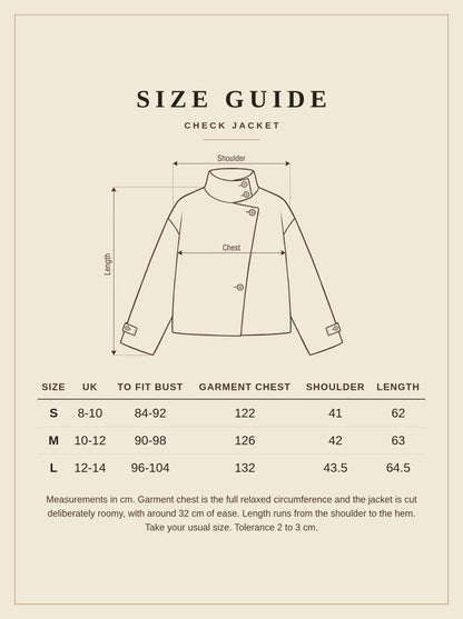 Size guide for the Burford check jacket, sizes S to L with UK sizes and garment measurements in cm