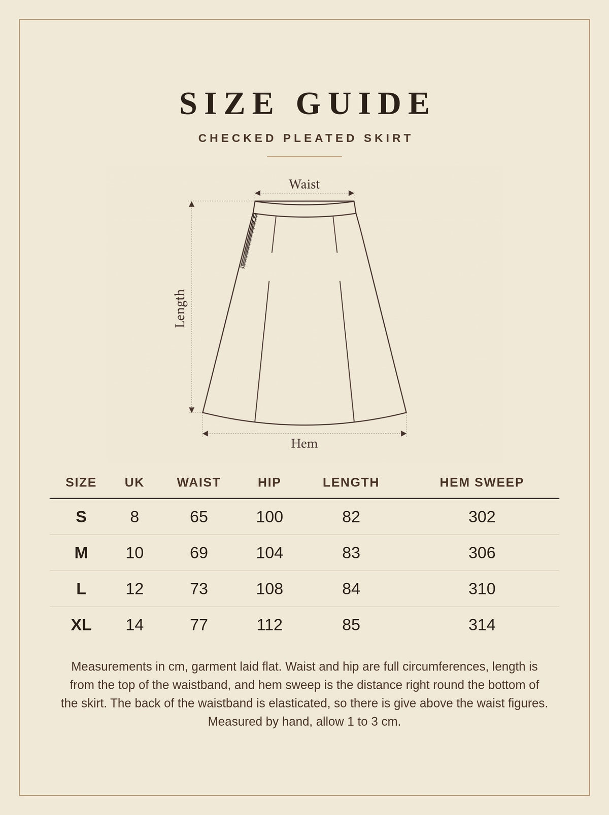 Size guide for the checked pleated skirt, with waist, hip, length and hem sweep in centimetres