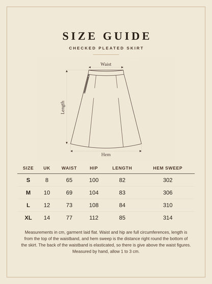 Size guide for the checked pleated skirt, with waist, hip, length and hem sweep in centimetres