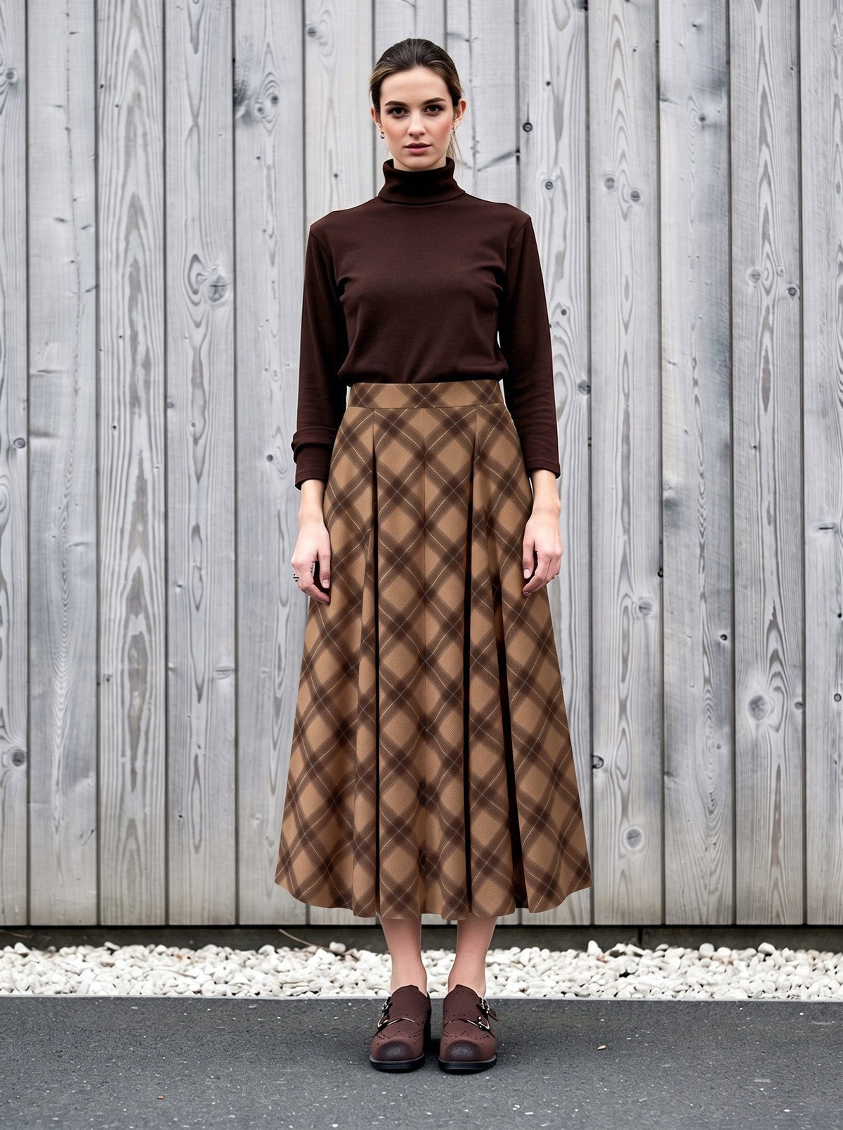 Checked pleated skirt in a camel and brown bias-cut check, worn with a dark brown roll neck