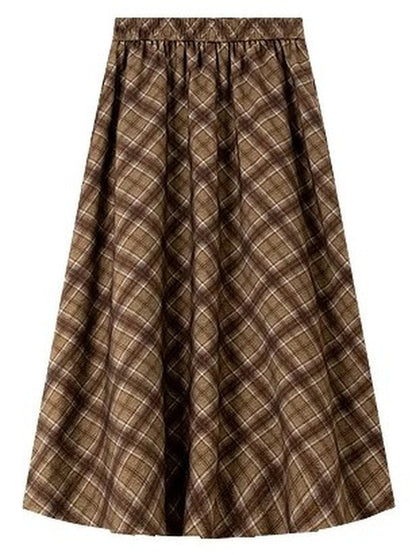 Checked pleated skirt laid flat from the back, showing the shirred elasticated waistband