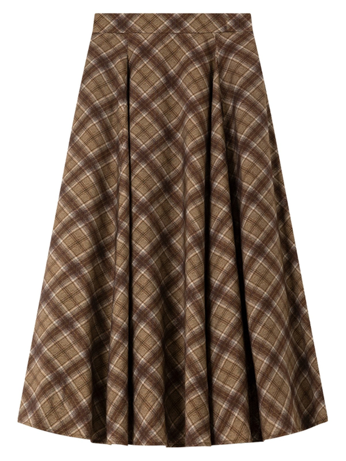 Checked pleated skirt laid flat from the front, showing the two pleats and the diagonal check