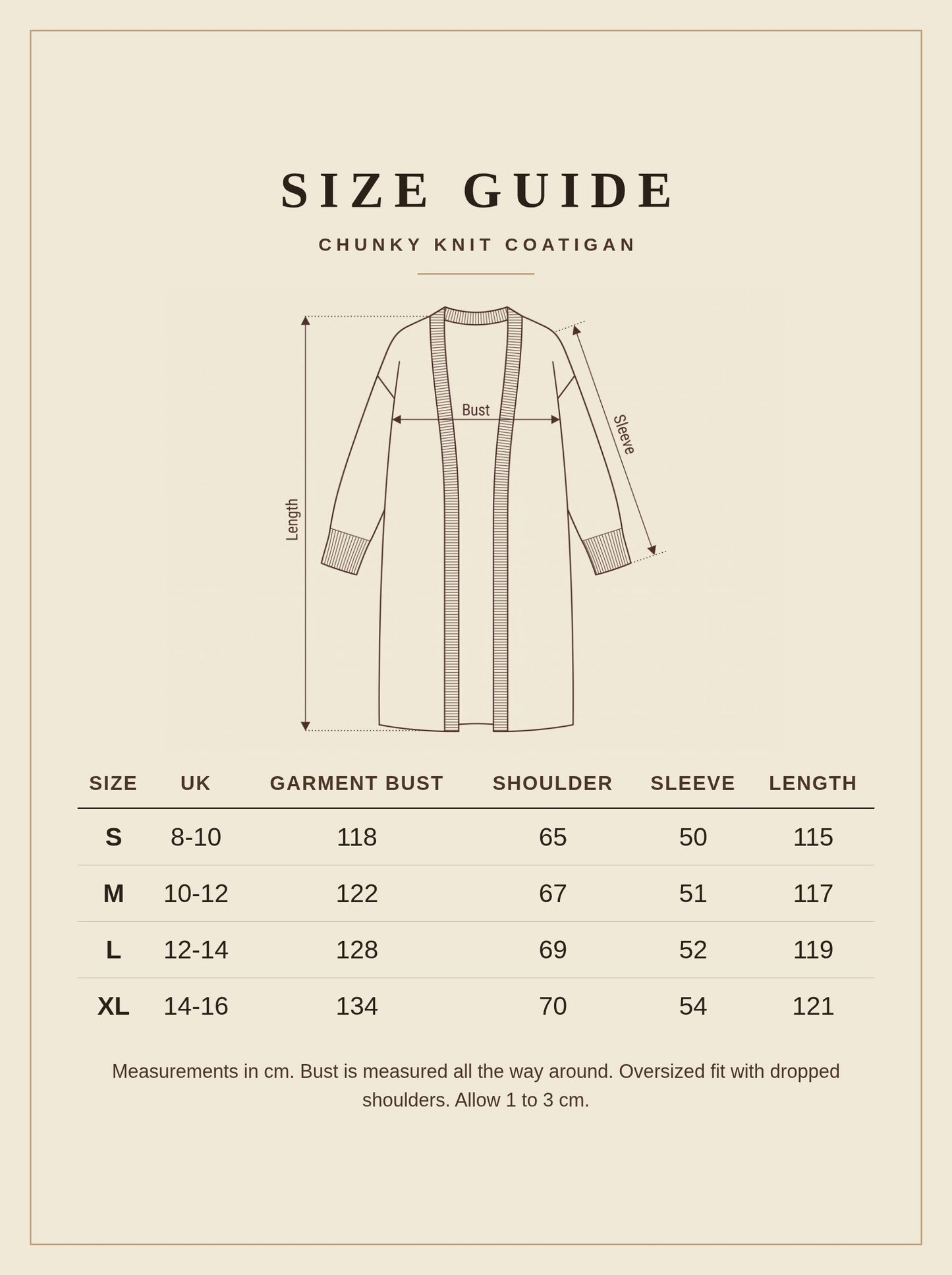 Size guide for the Sherborne chunky knit coatigan, UK 8 to 16