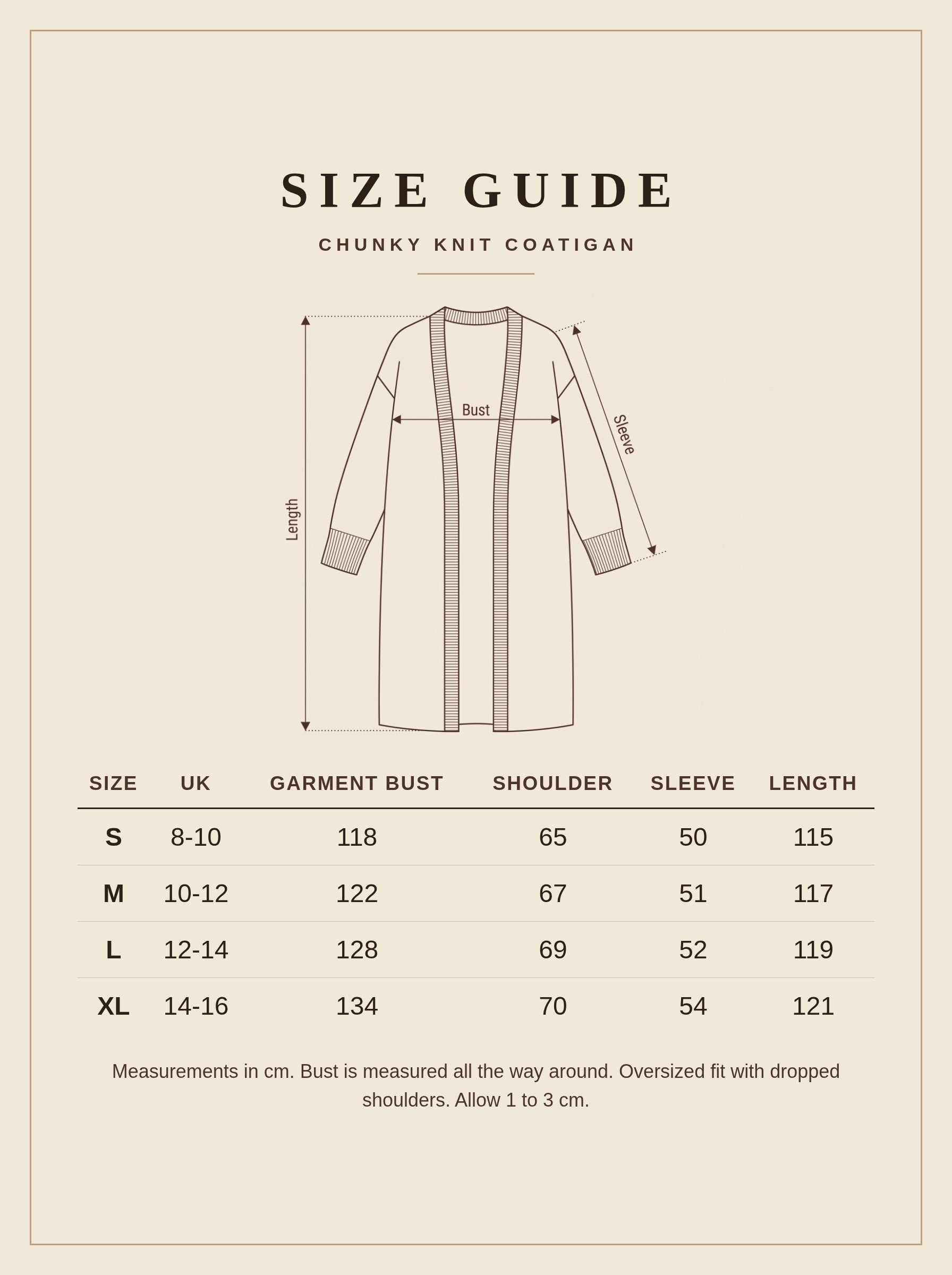 Size guide for the Sherborne chunky knit coatigan, UK 8 to 16