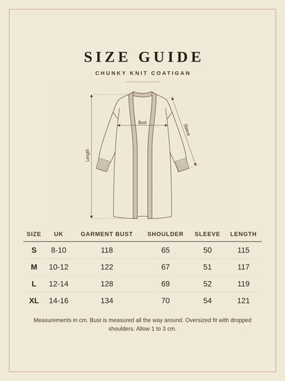 Size guide for the Sherborne chunky knit coatigan, UK 8 to 16