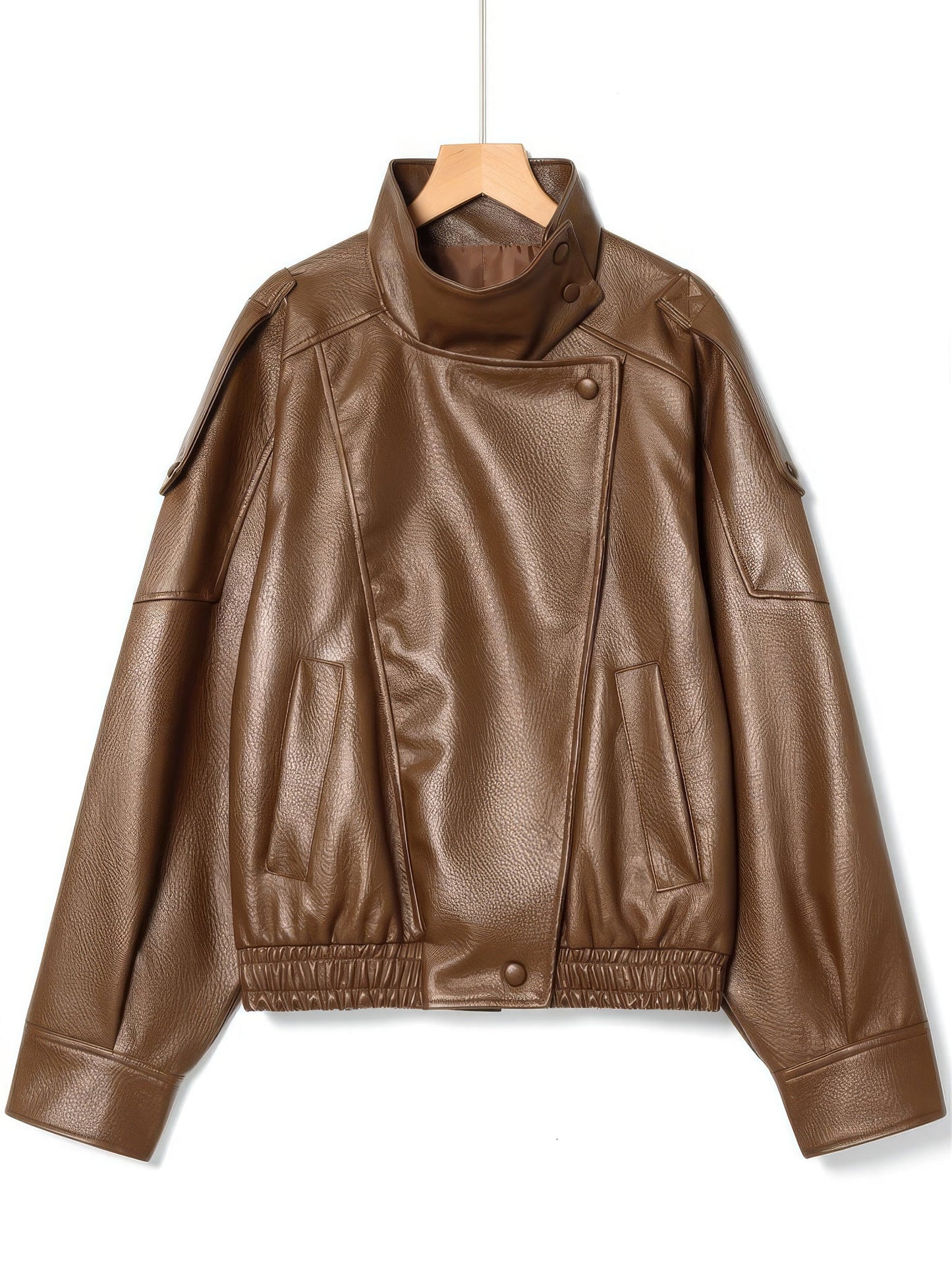 Cognac tan faux leather jacket with stand collar on a hanger