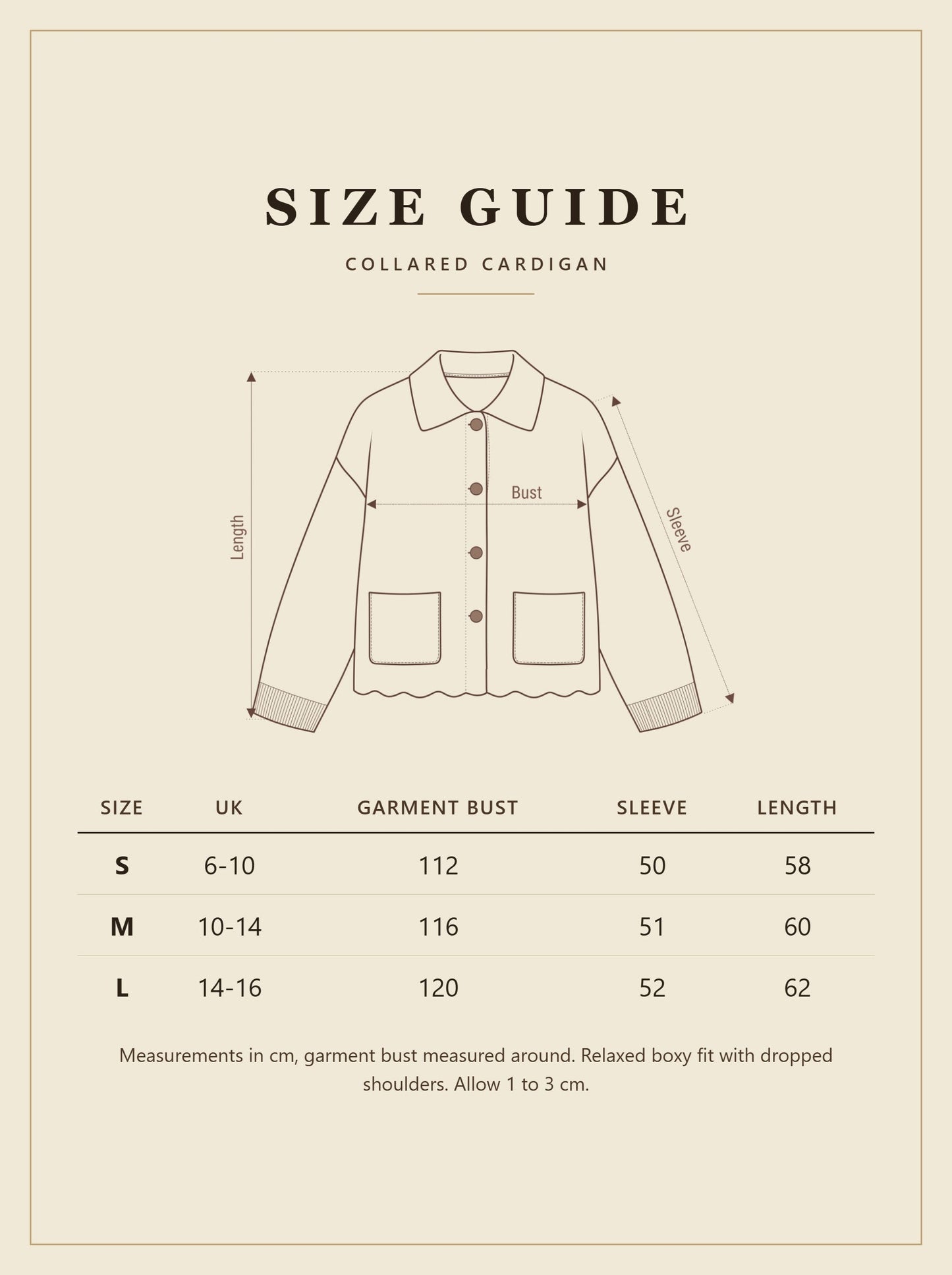 Ledbury collared cardigan size guide, UK sizes 6 to 16, measurements in cm