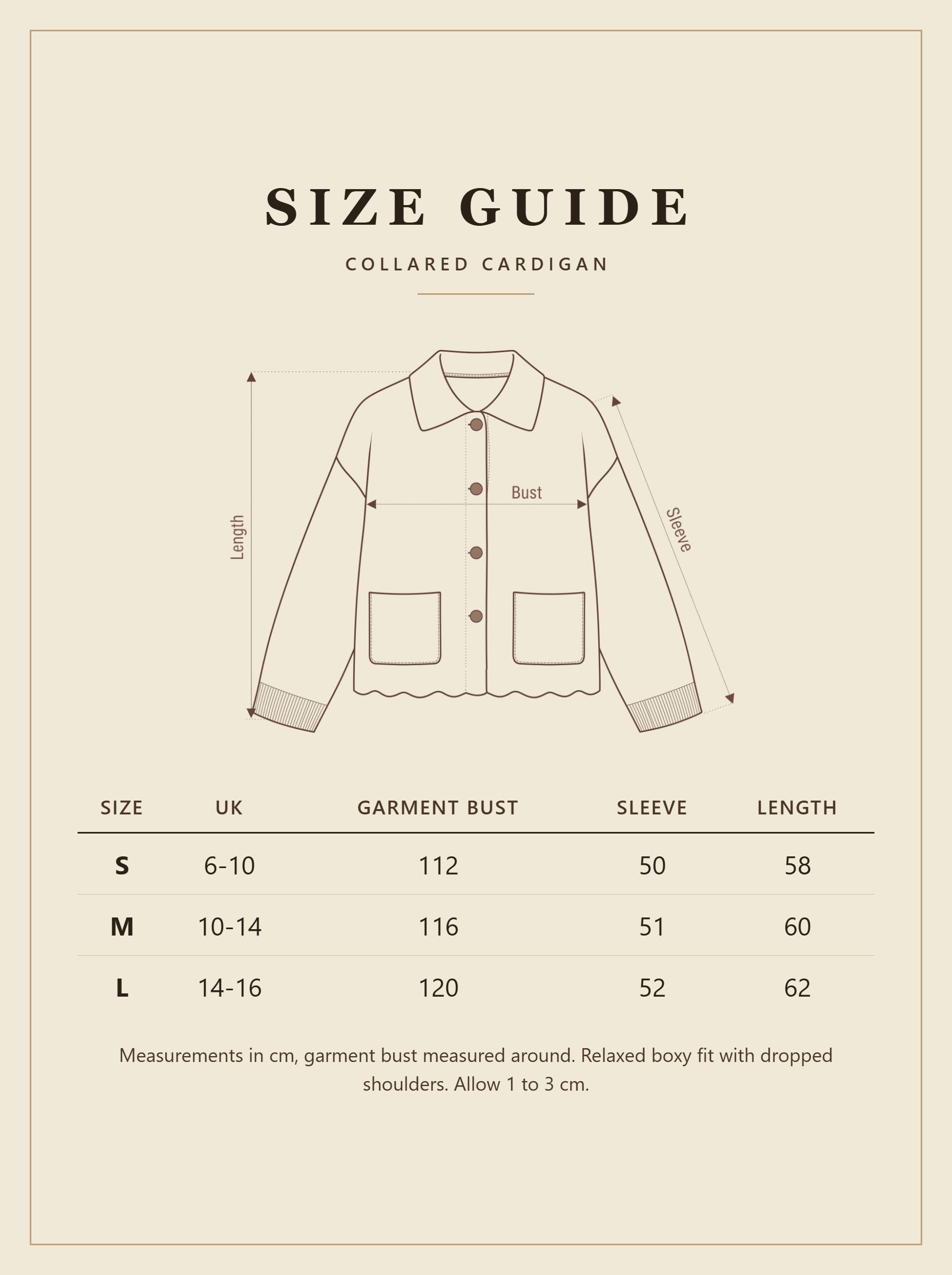 Ledbury collared cardigan size guide, UK sizes 6 to 16, measurements in cm