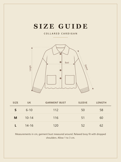 Ledbury collared cardigan size guide, UK sizes 6 to 16, measurements in cm