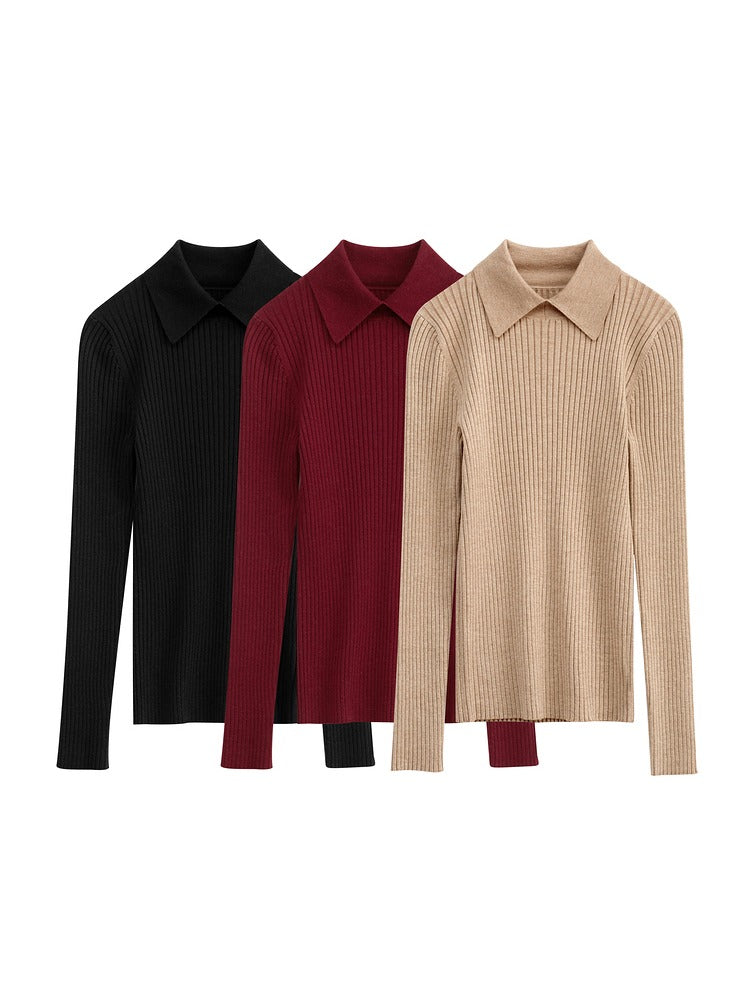 The collared jumper laid flat in its three colours, black, bordeaux and camel, supplier photograph