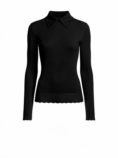 Black collared jumper on an invisible mannequin, front view, showing the folded point collar and the wide rib knit