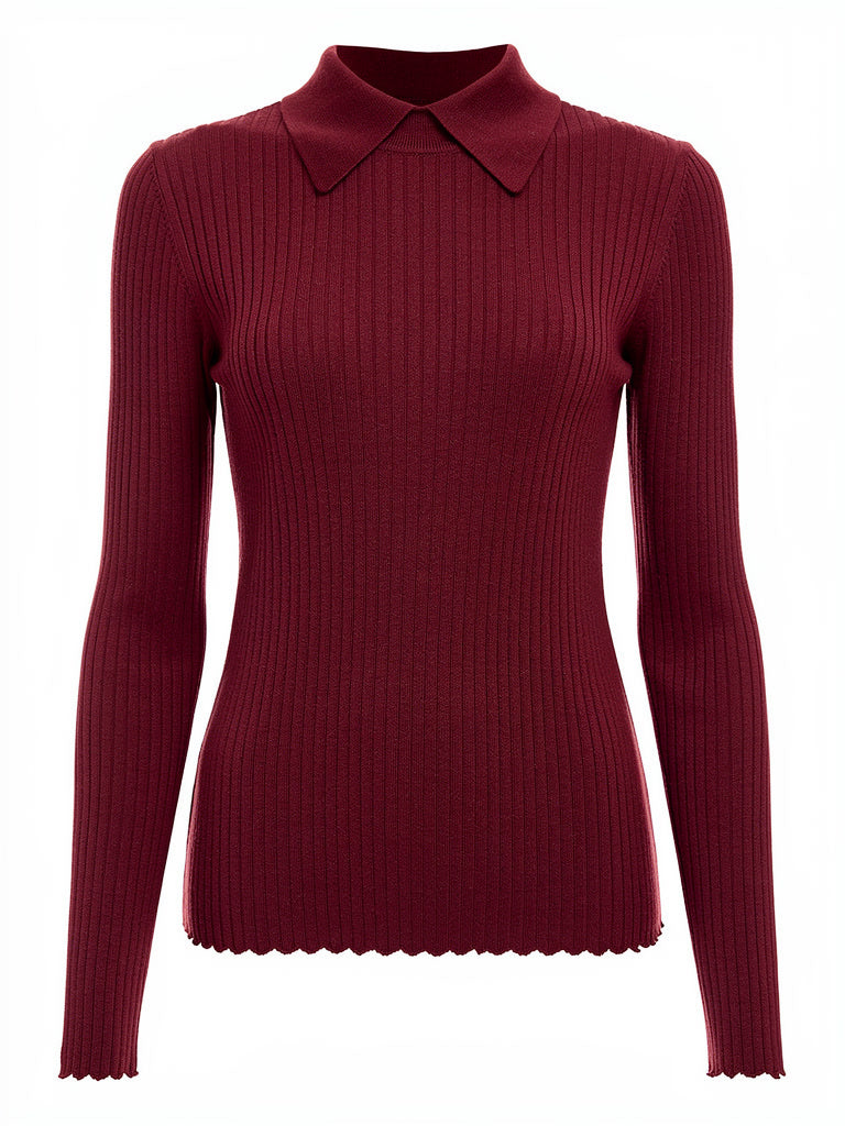 Bordeaux collared jumper on an invisible mannequin, front view, showing the folded point collar and the wide rib knit