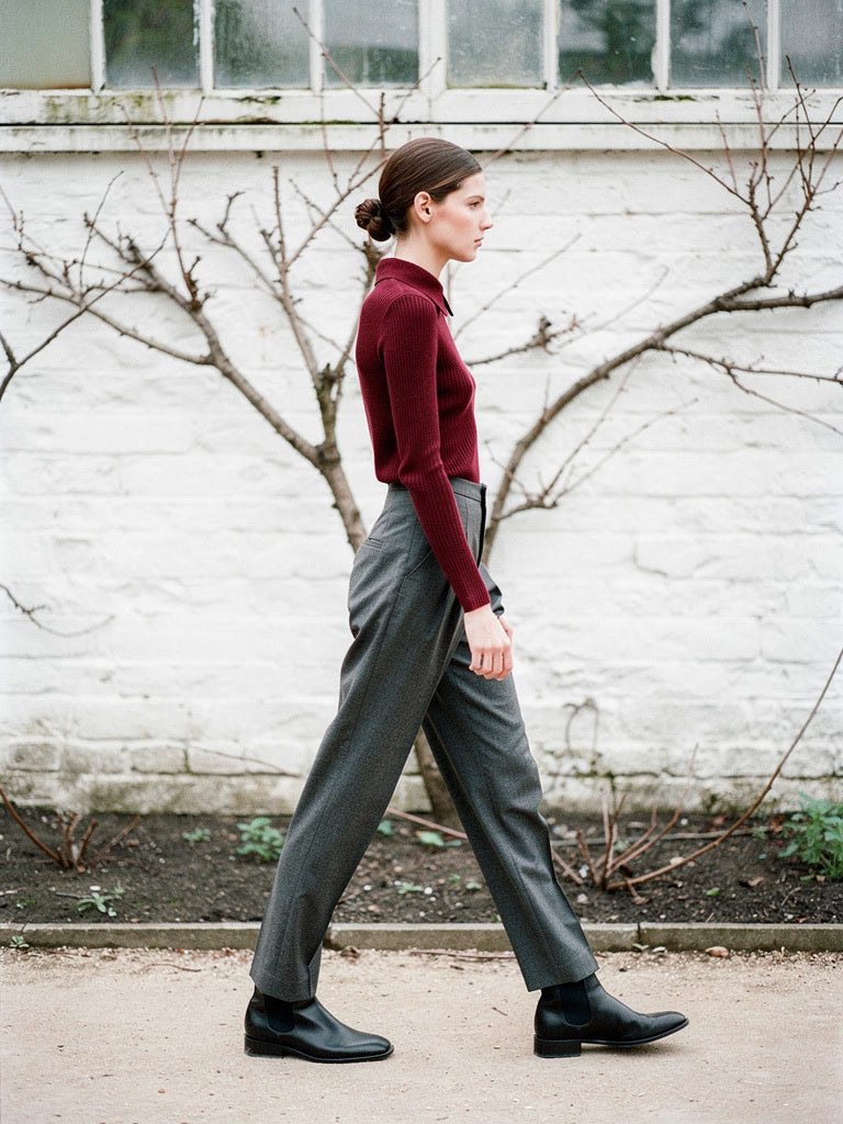 Bordeaux collared jumper worn with charcoal trousers, side view, showing the knitted point collar against a whitewashed garden wall
