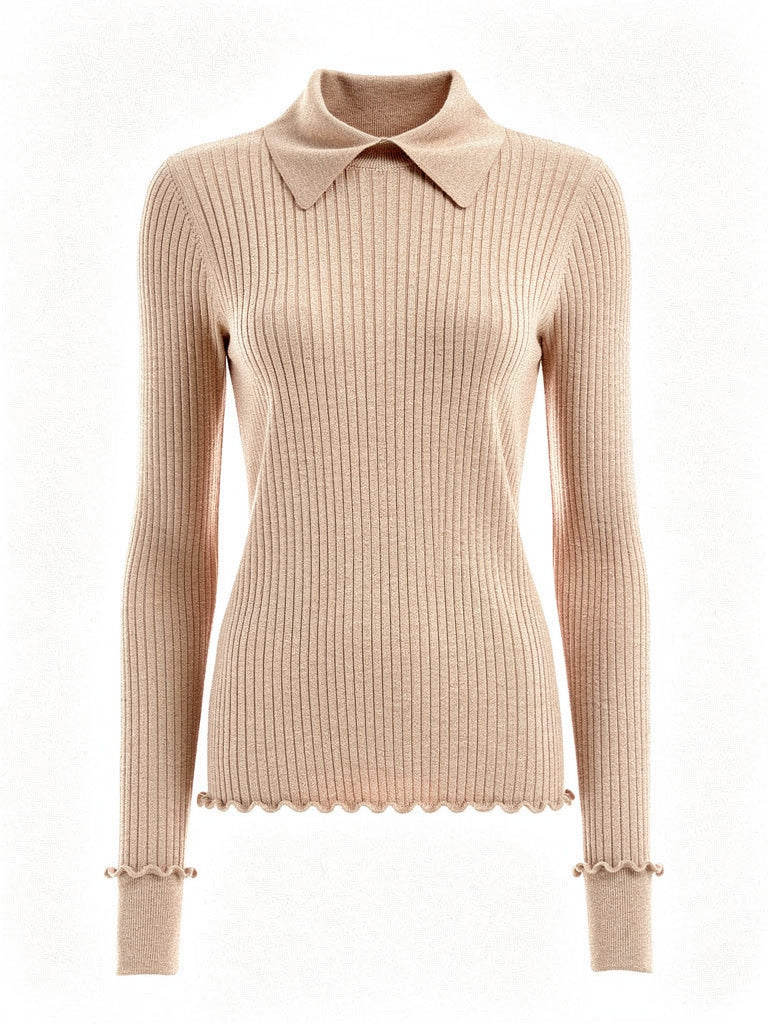 Camel collared jumper on an invisible mannequin, front view, showing the folded point collar, the wide rib knit and the scalloped cuffs