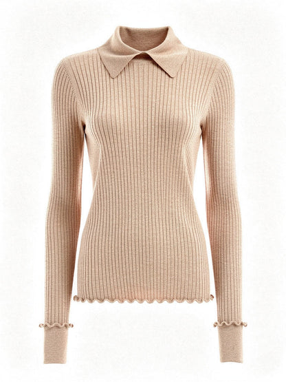 Camel collared jumper on an invisible mannequin, front view, showing the folded point collar, the wide rib knit and the scalloped cuffs