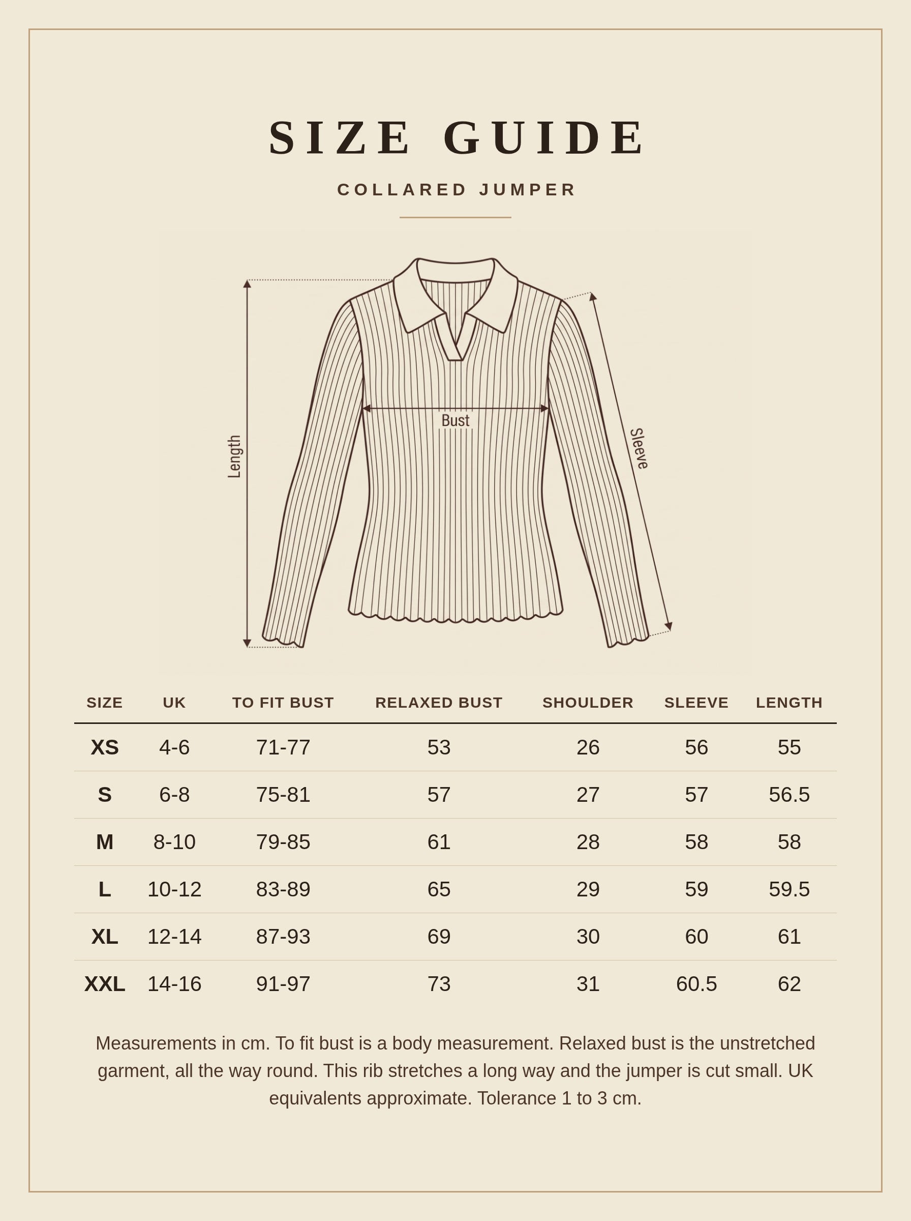 Size guide for the collared jumper, UK sizes XS to XXL with to fit bust, relaxed bust, shoulder, sleeve and length in cm