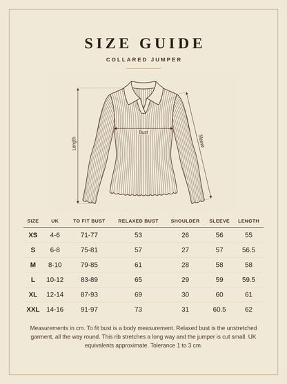 Size guide for the collared jumper, UK sizes XS to XXL with to fit bust, relaxed bust, shoulder, sleeve and length in cm