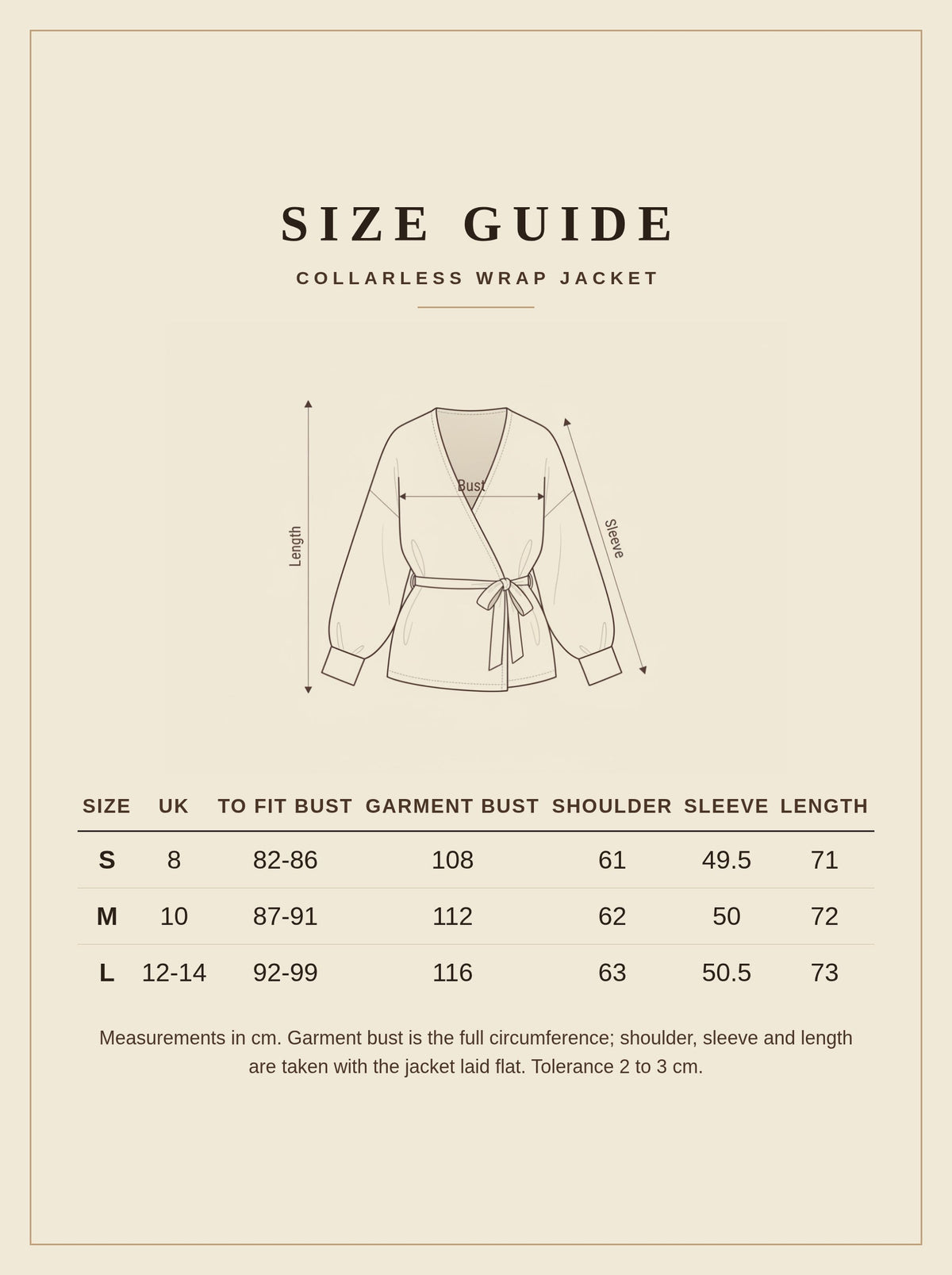 Size guide for the Eastleach cream collarless wrap jacket, sizes S to L