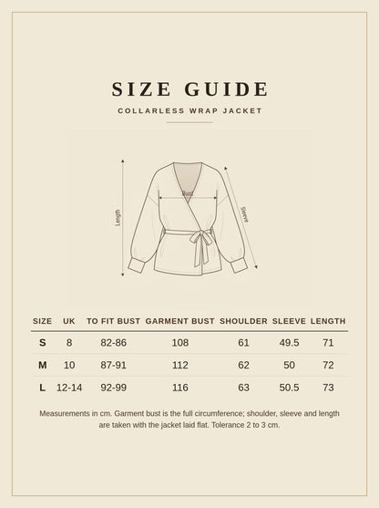 Size guide for the Eastleach cream collarless wrap jacket, sizes S to L