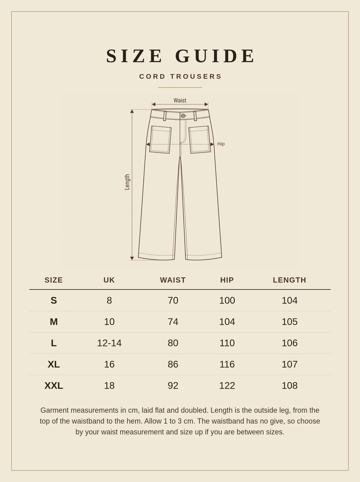 Size guide for the Durnford cord trousers, UK 8 to 18, waist, hip and length in cm