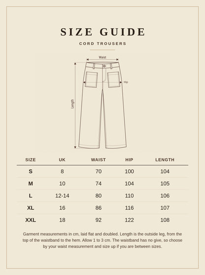 Size guide for the Durnford cord trousers, UK 8 to 18, waist, hip and length in cm