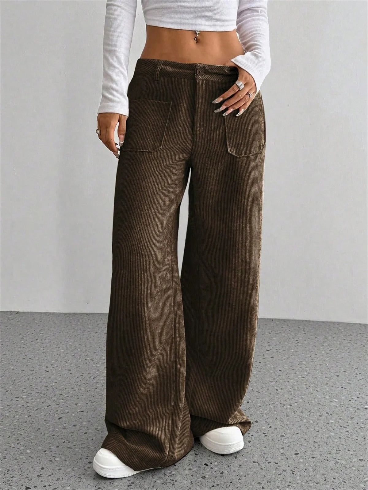 Cord trousers in Pinecone worn full length, front view