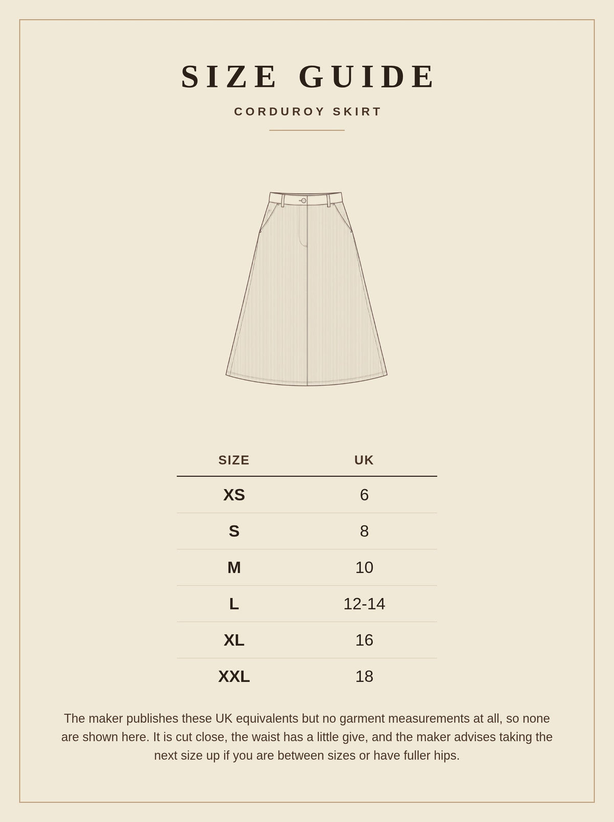 Size guide for the corduroy skirt, six sizes from XS to XXL with the maker's own UK equivalents from UK 6 to UK 18