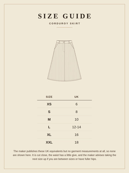 Size guide for the corduroy skirt, six sizes from XS to XXL with the maker's own UK equivalents from UK 6 to UK 18