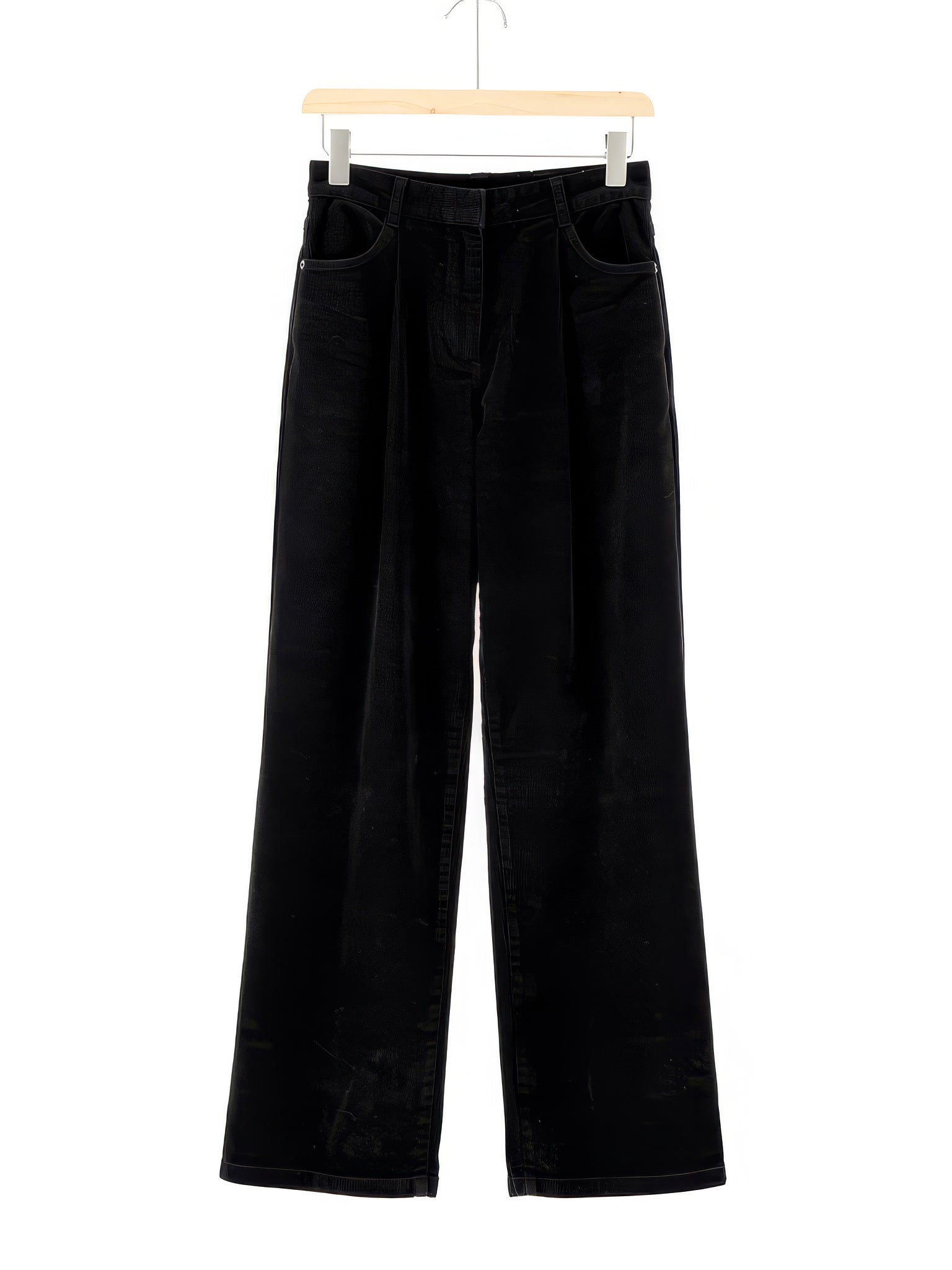 Corduroy wide-leg trousers in Black, front view on a wooden hanger
