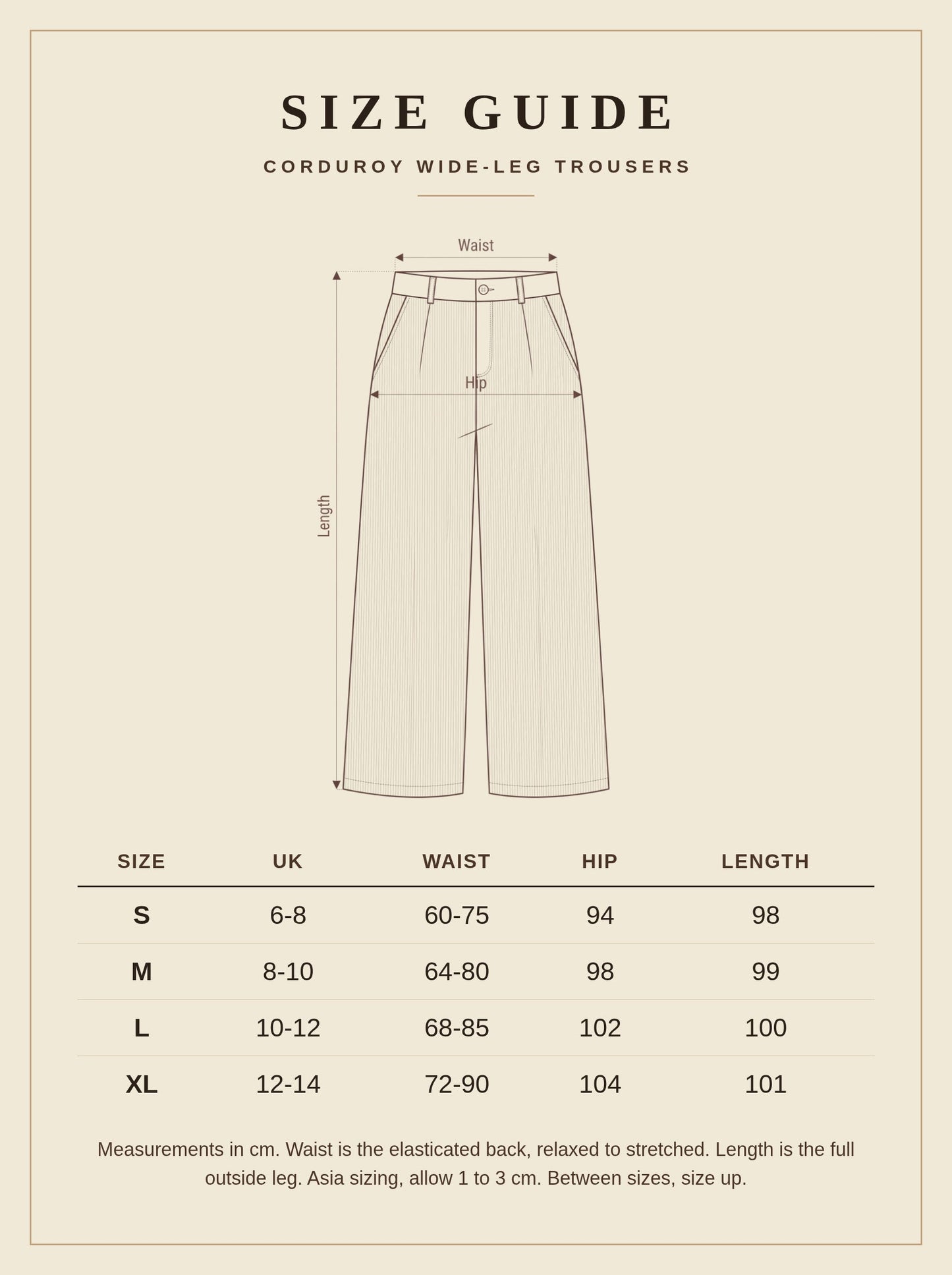 Size guide for the Bramfield corduroy wide-leg trousers, UK 6 to 14