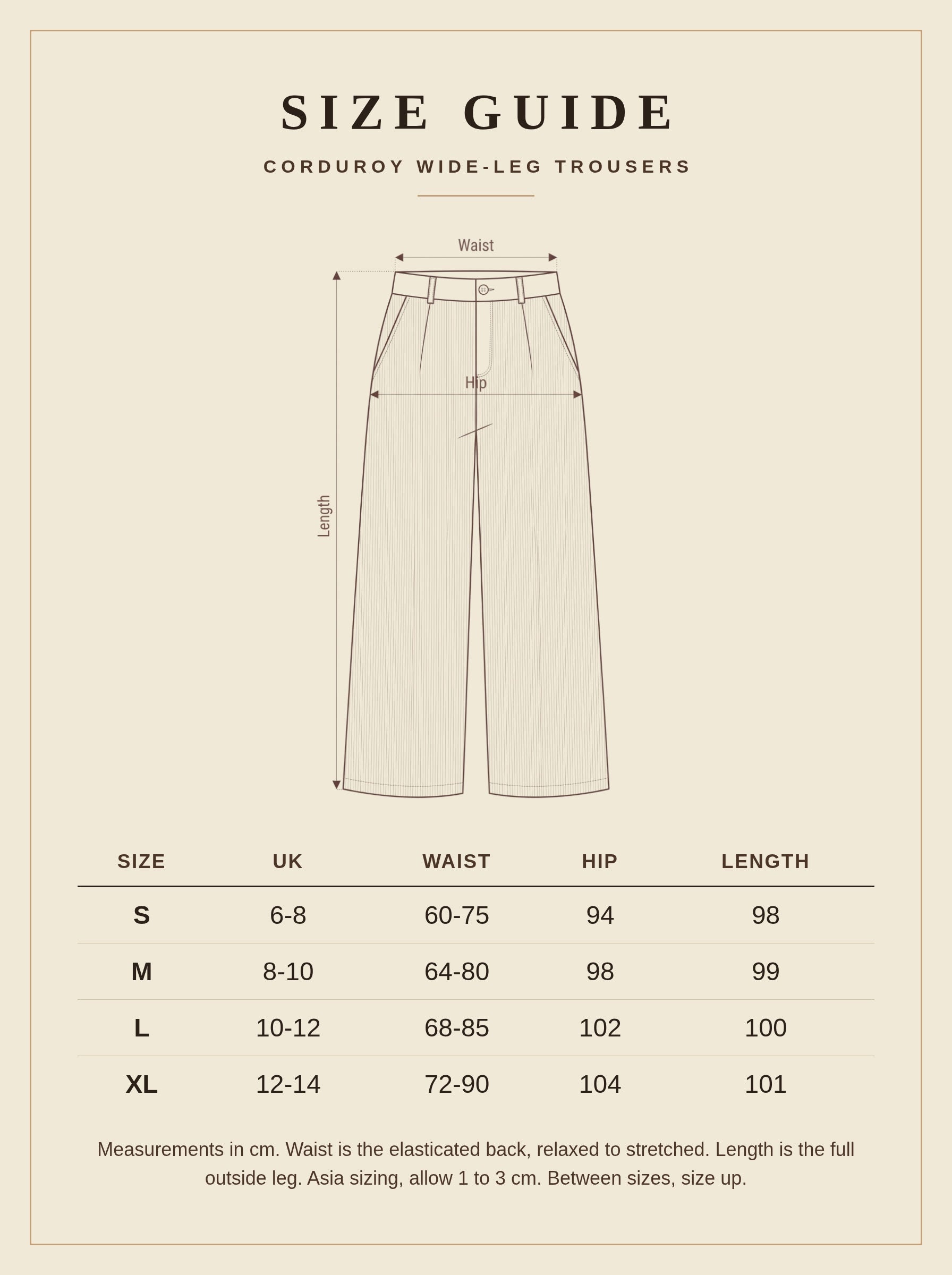 Size guide for the Bramfield corduroy wide-leg trousers, UK 6 to 14