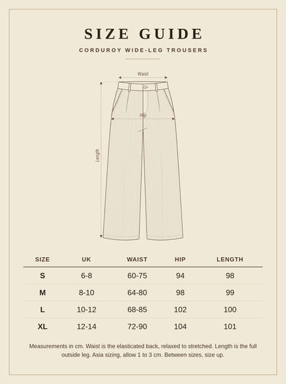 Size guide for the Bramfield corduroy wide-leg trousers, UK 6 to 14