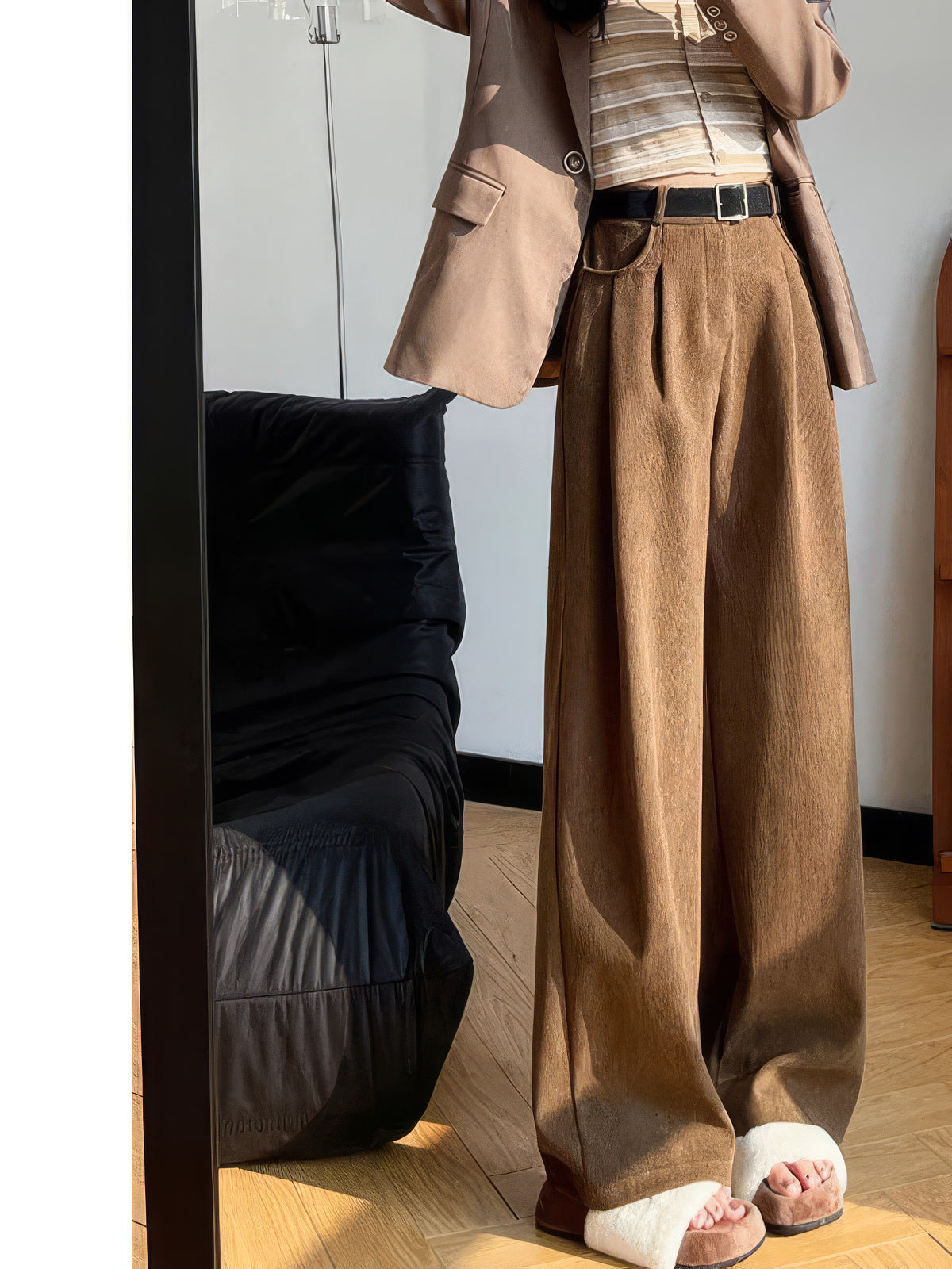 Corduroy wide-leg trousers in Tobacco worn full length with a blazer