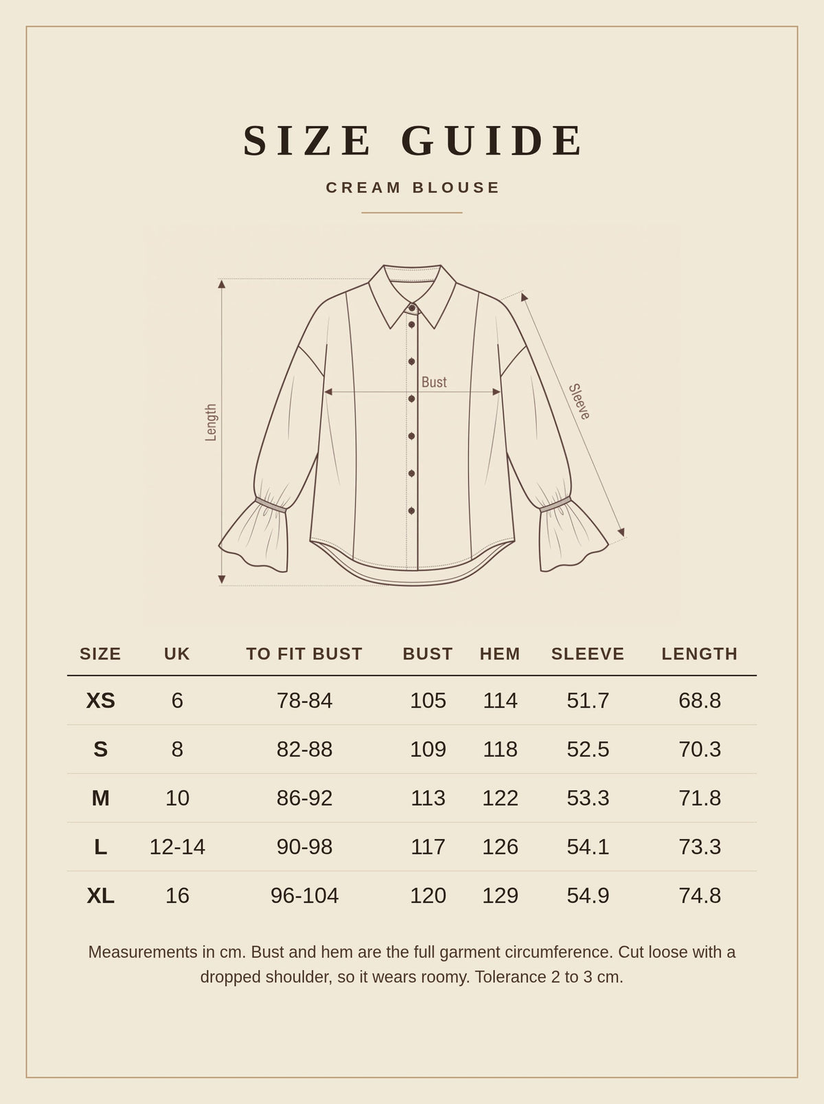 Harlbury size guide for the cream blouse, UK 6 to UK 16 in centimetres