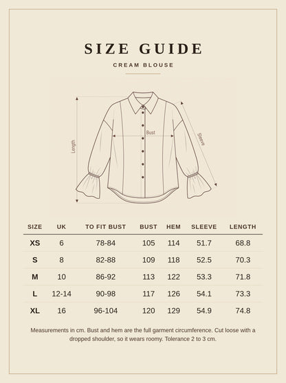 Harlbury size guide for the cream blouse, UK 6 to UK 16 in centimetres