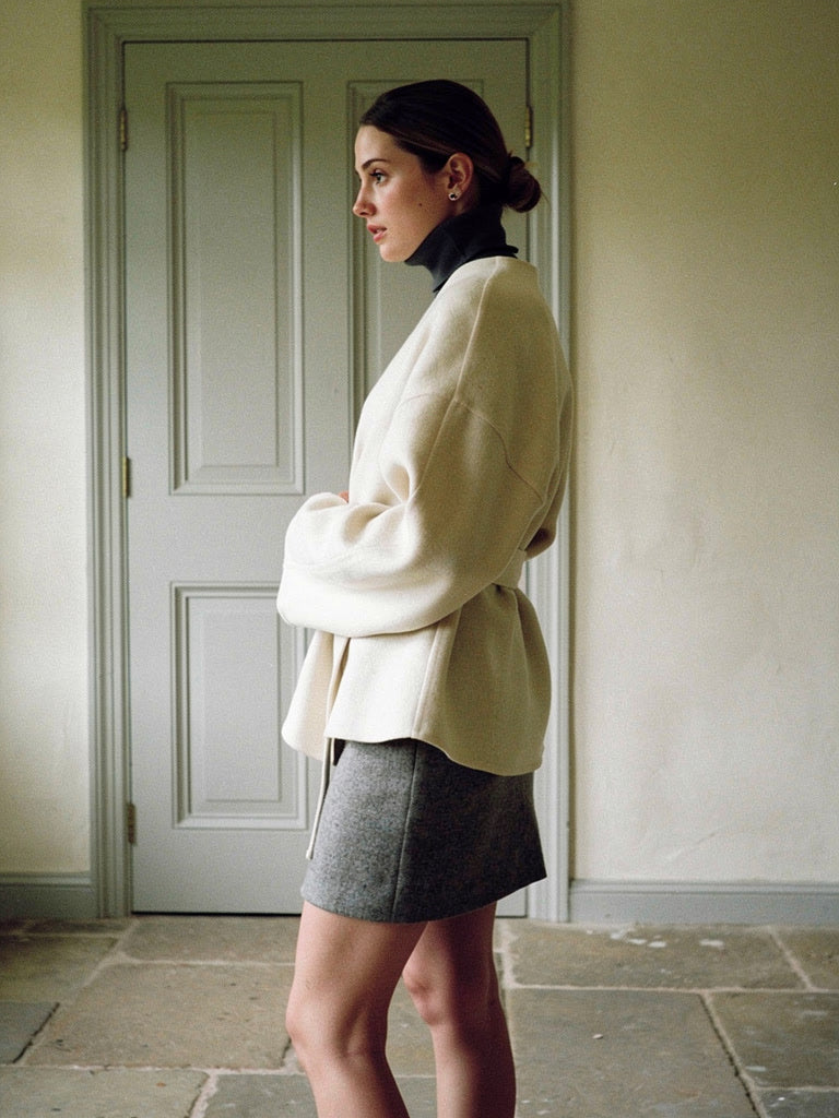 Cream collarless wrap jacket seen from the side, showing the dolman sleeve and dropped shoulder