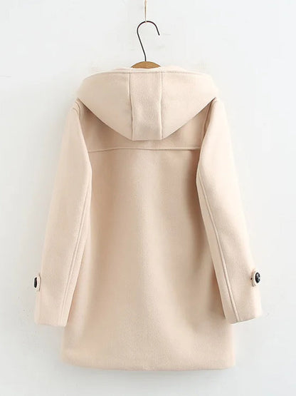 Back view of the cream hooded coat, plain back with no vent and a buttoned tab at each cuff
