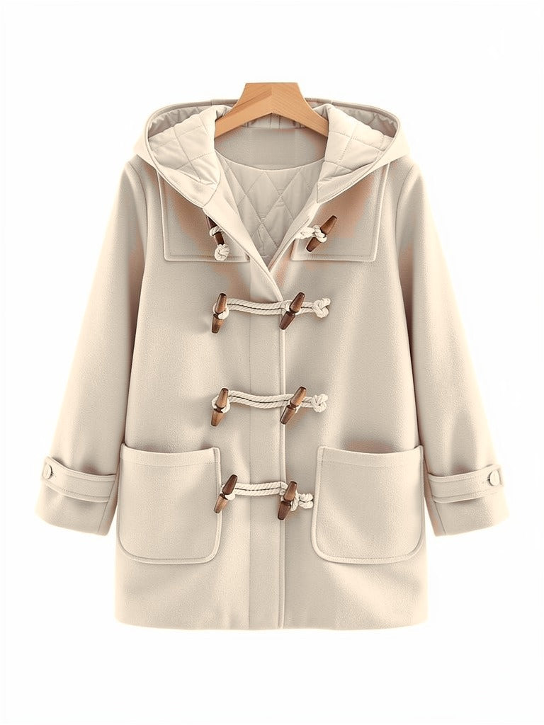 Cream hooded coat in Marzipan on a hanger, four wooden toggles and two patch pockets