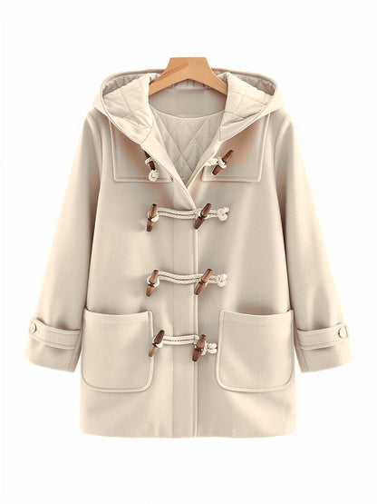 Cream hooded coat in Marzipan on a hanger, four wooden toggles and two patch pockets