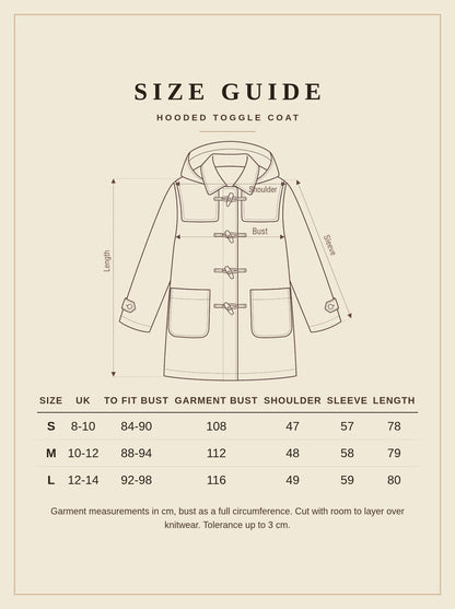 Size guide for the Cream Hooded Coat, sizes S to L with garment measurements in cm